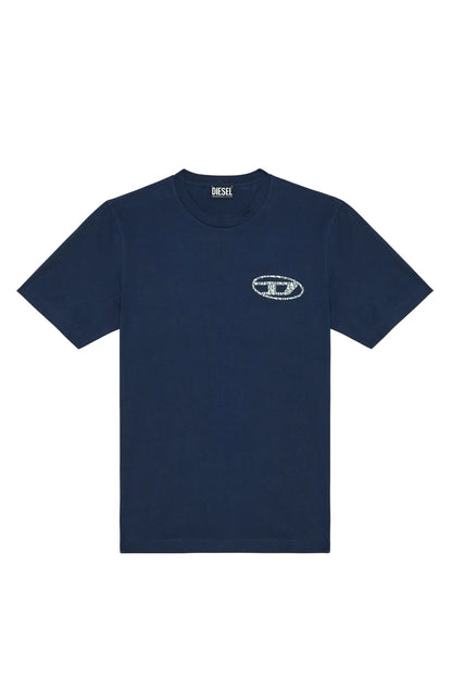 Men's blue T-shirt with oval logo on front