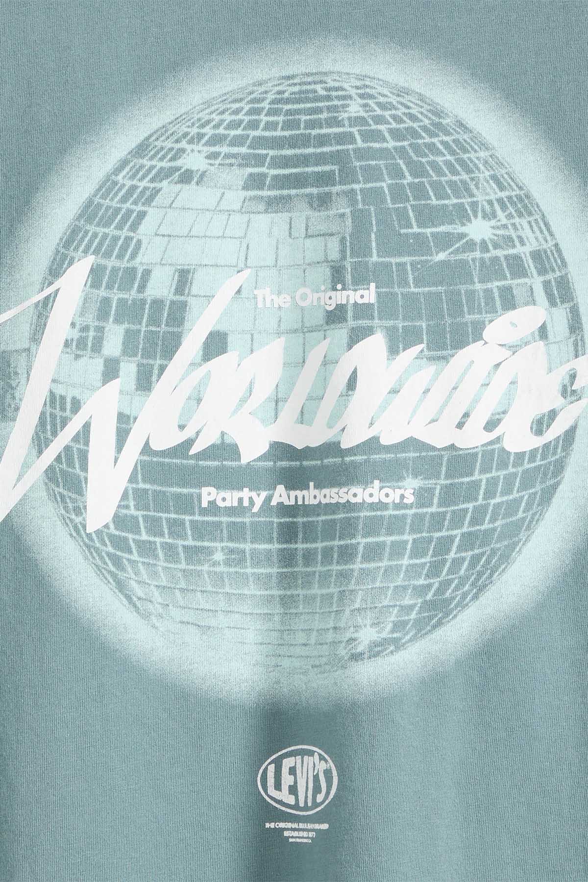 Levi's sea green T-shirt close-up of globe logo and text