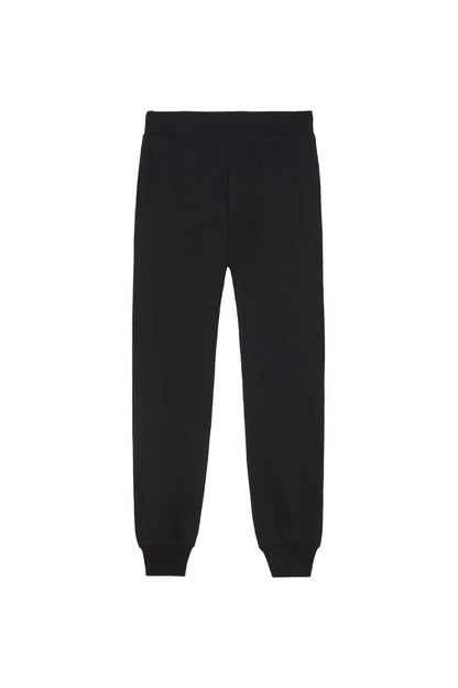 Black jogger pants with elastic cuffs and tapered legs