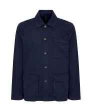 Men's navy blue button-up shirt with two chest pockets and collar