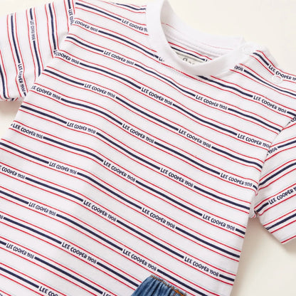Striped T-shirt close-up with crew neck, white with red and navy lines