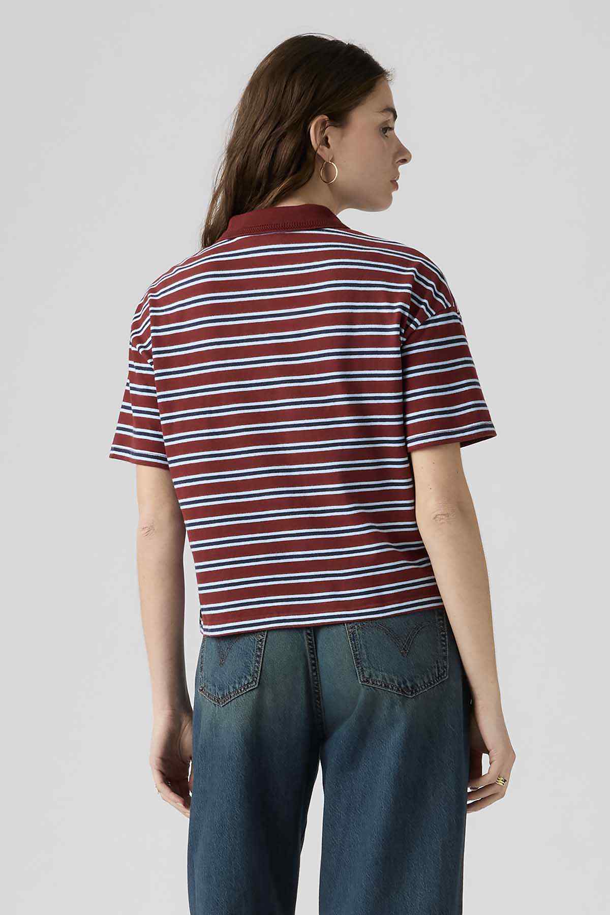 Levi's maroon striped polo shirt, back view, short sleeves