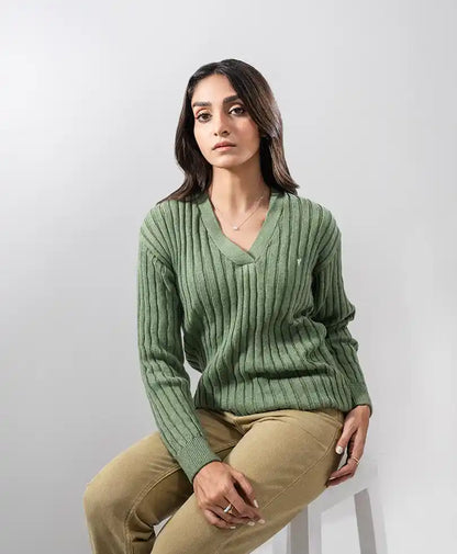 Green rib-knit V-neck sweater, long sleeves and classic fitted silhouette