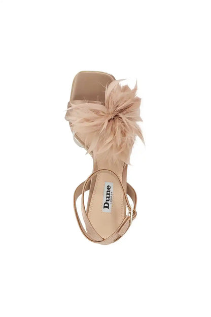 Mink feather ankle heeled sandals with ankle strap and visible insole logo