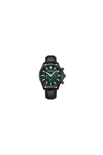 Police wristwatch with green dial, black round case, and black leather strap