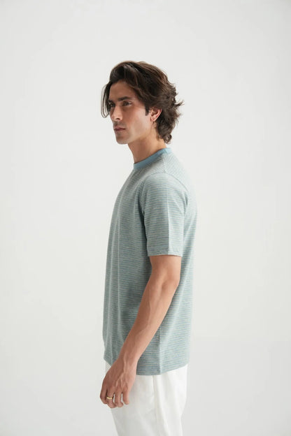 Light blue striped crewneck T-shirt, side view with ribbed collar