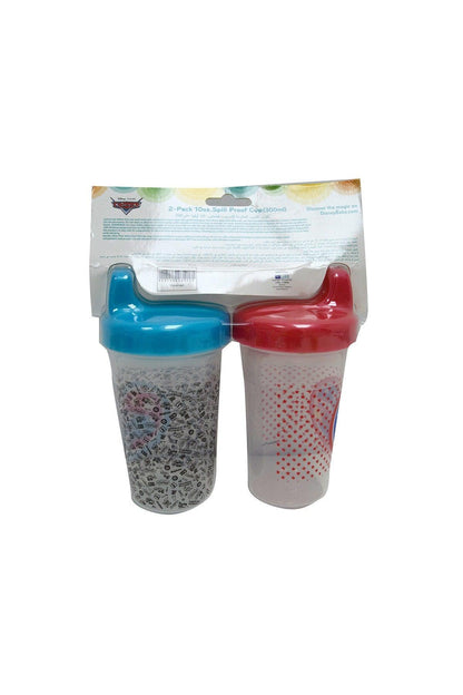 Disney 2-pack baby sippy cups with blue and red lids, gray and white speckled cups