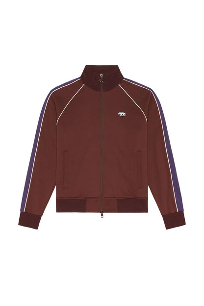 Burgundy zip-up track jacket with stand collar, chest logo, and sleeve stripes
