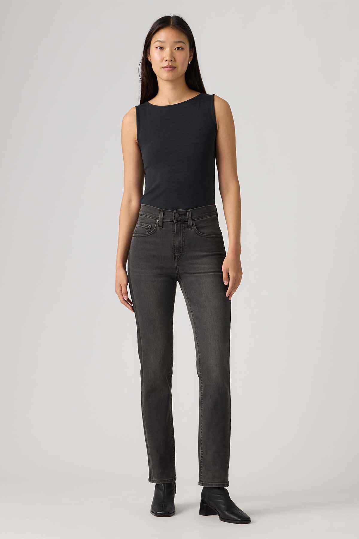 Levi's dark wash denim jeans, high-rise straight leg