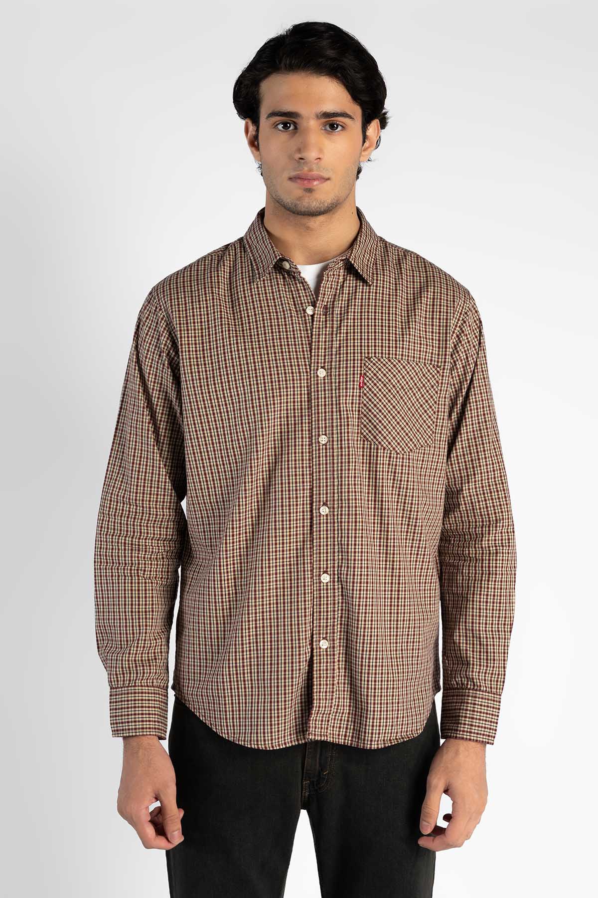Levi's men's brown plaid button-up shirt with front pocket and buttons