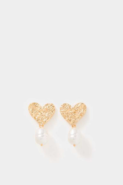 Gold heart drop earrings with white pearl bead accents