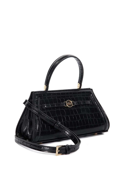 Black croc-embossed mini handbag with top handle and crossbody strap, front clasp