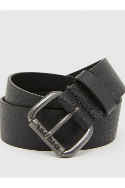 Diesel black textured belt with silver buckle, embossed logo detail