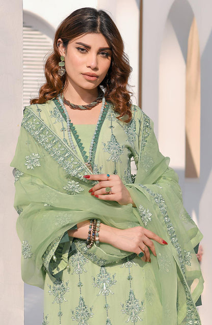 Fiona light green embroidered long dress with V-neck and flowing sheer sleeves