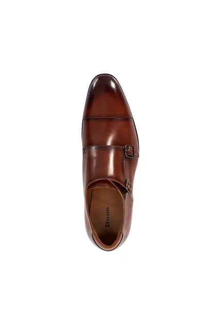 Dune London dark tan leather slip-on shoe with single buckle strap, rounded toe
