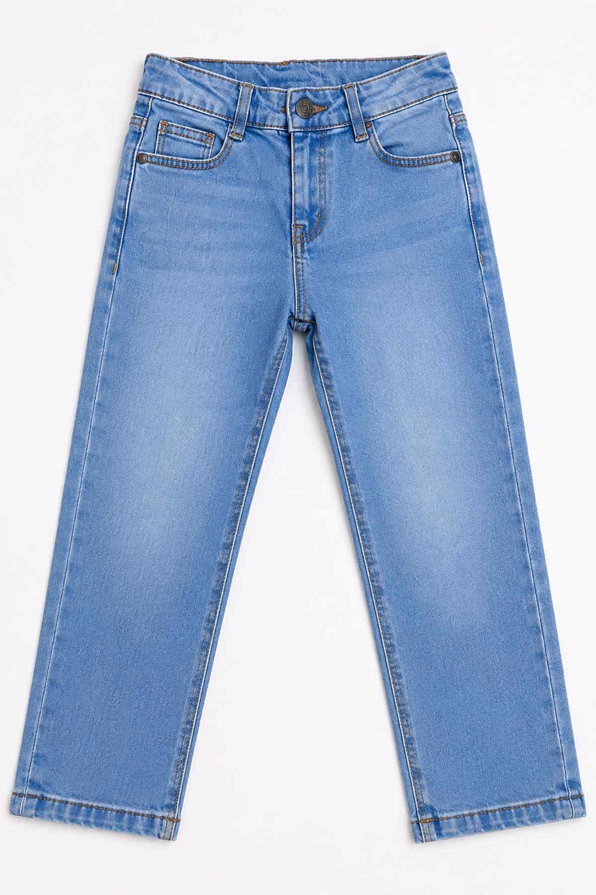 Blue denim jeans close-up: straight legs with stitched seams and five-pocket style