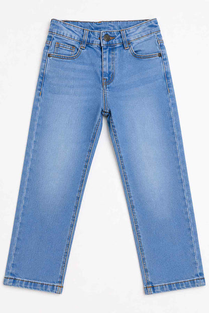Blue denim jeans close-up: straight legs with stitched seams and five-pocket style