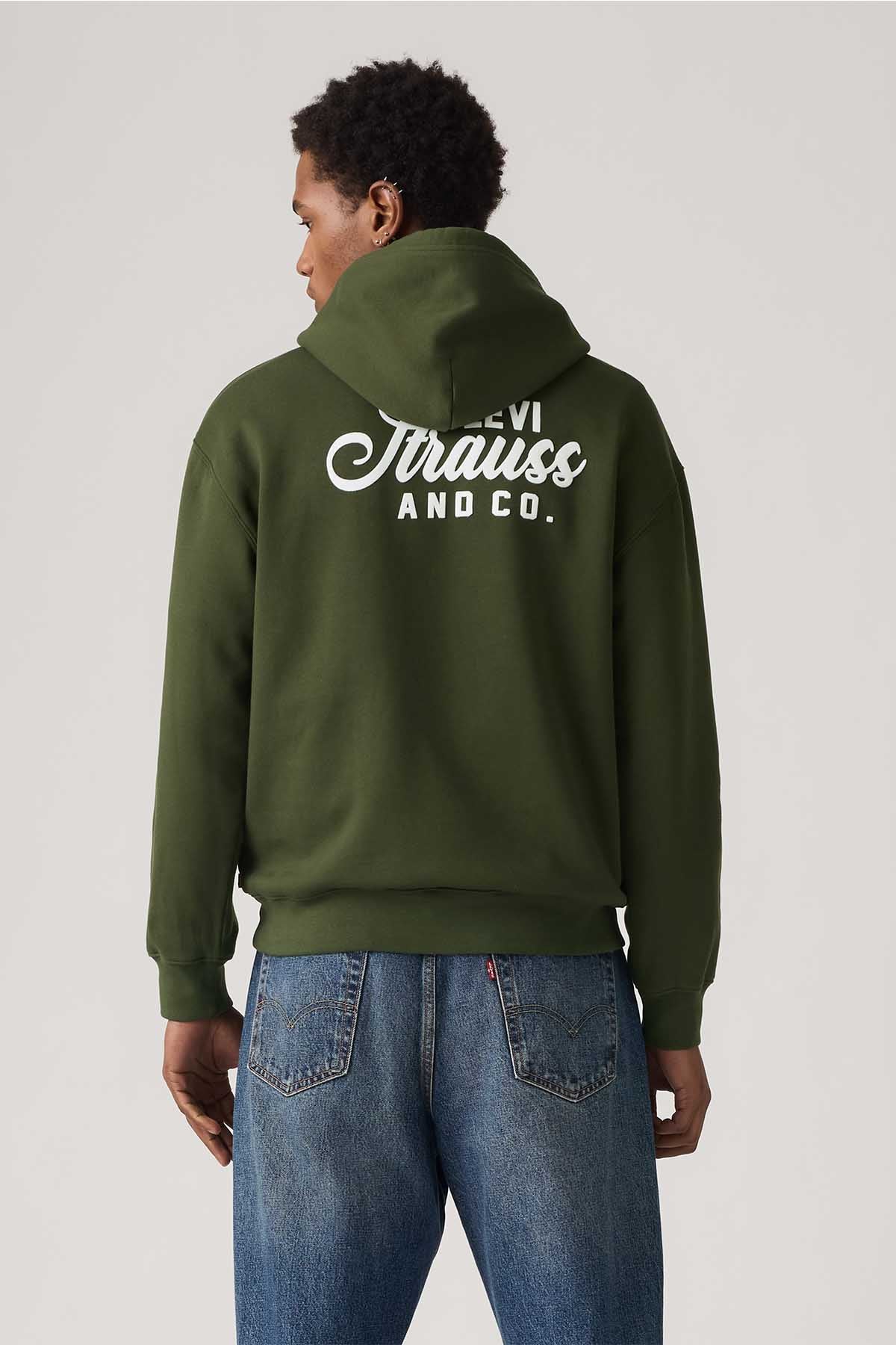 Men's green hoodie with large back logo print and kangaroo pocket