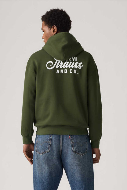 Men's green hoodie with large back logo print and kangaroo pocket