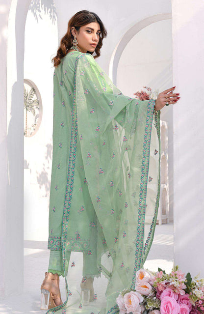 Light green floral embroidered kurta back view with sheer dupatta