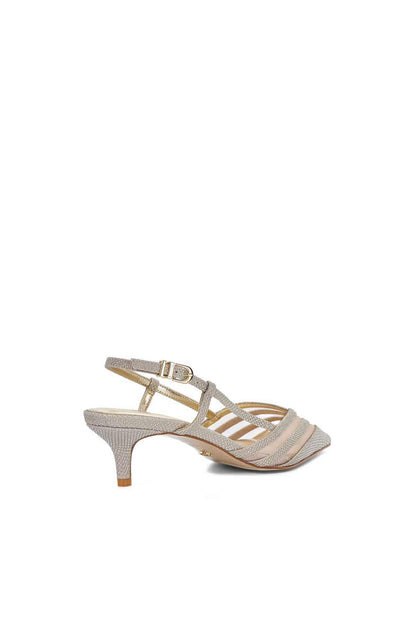 Gold pointed-toe heeled sandal with crisscross straps and buckle ankle strap