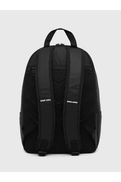 Black backpack back view with padded straps and logo patch