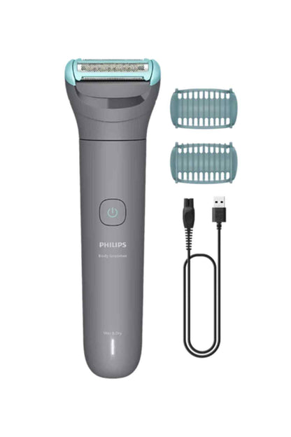 PHILIPS gray electric shaver with blue foil head, USB cable and two guards