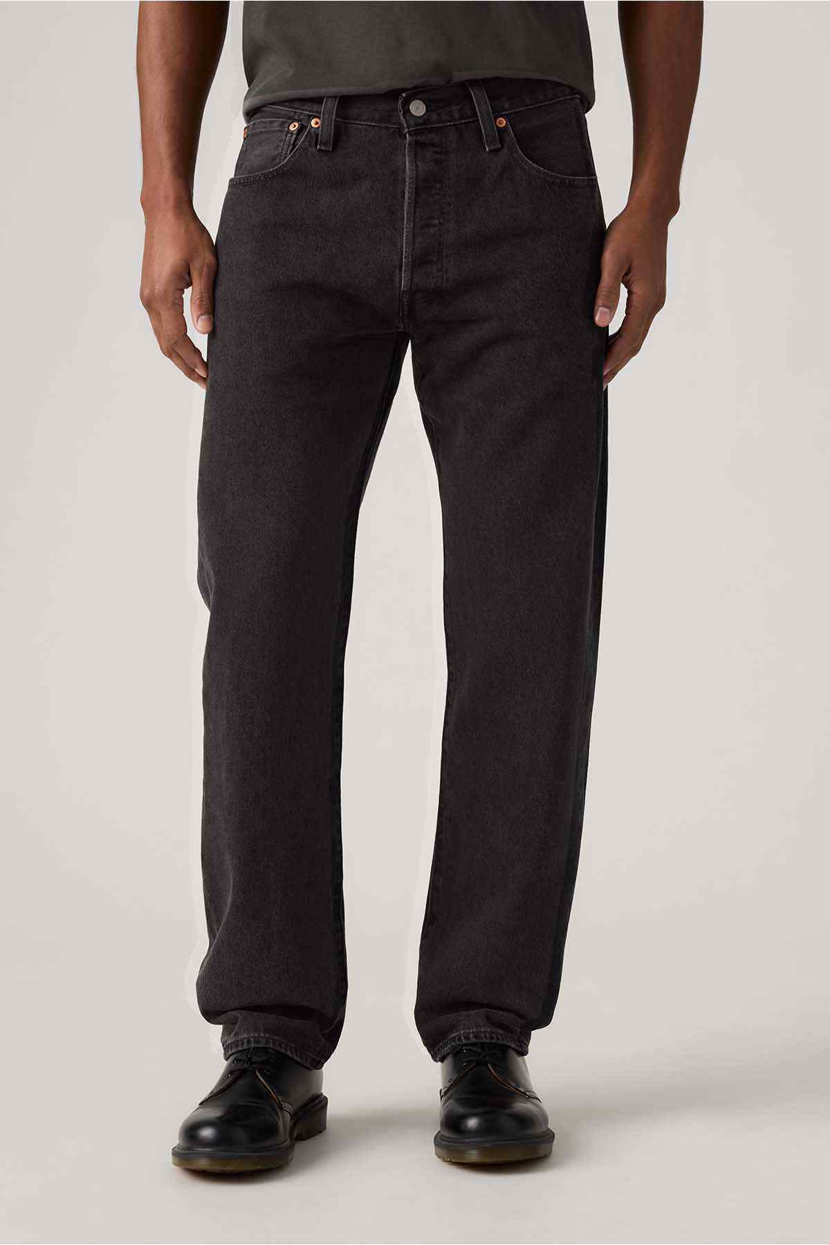 Levi's black jeans front close-up with belt loops and button fly