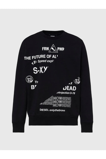 Black Diesel crewneck sweatshirt with centered front graphic logo and text