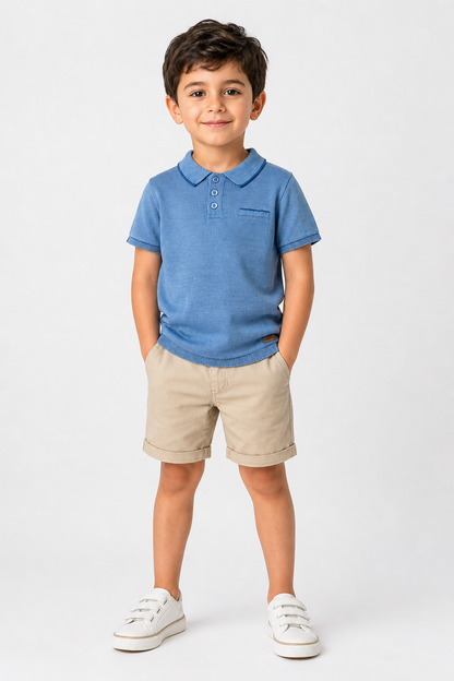 Blue knit polo shirt with collar and button-front, short sleeves