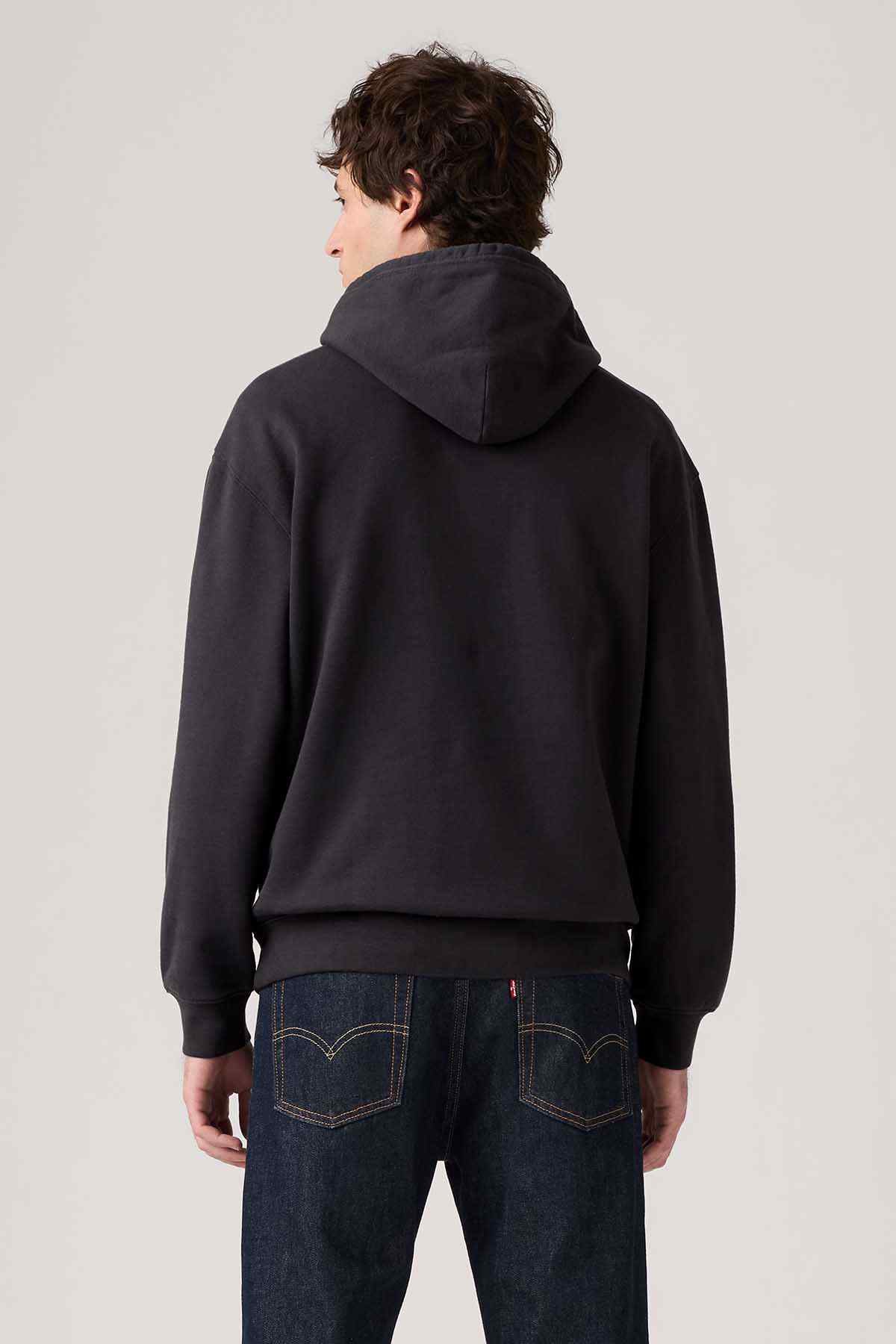 Levi's dark hoodie back view with hood and ribbed cuffs