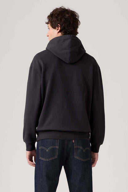 Levi's dark hoodie back view with hood and ribbed cuffs