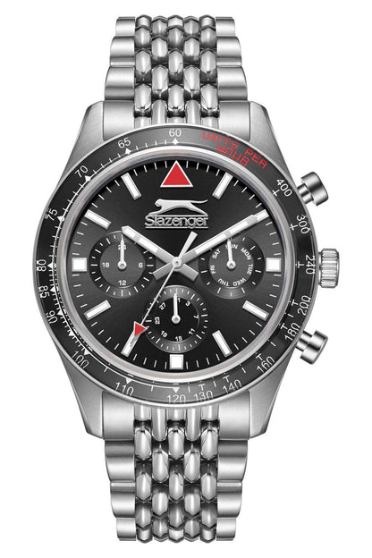 Silver metal chronograph wristwatch with black dial, red triangle logo, three subdials