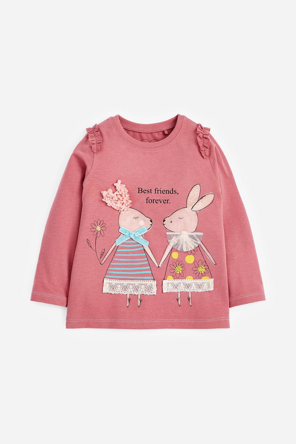 Pink long-sleeve girls top with ruffle shoulders and illustrated rabbit graphic