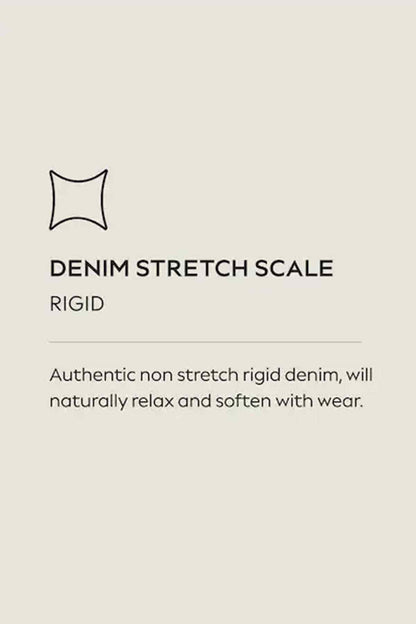 Denim stretch scale: rigid. Authentic non-stretch denim that relaxes with wear.
