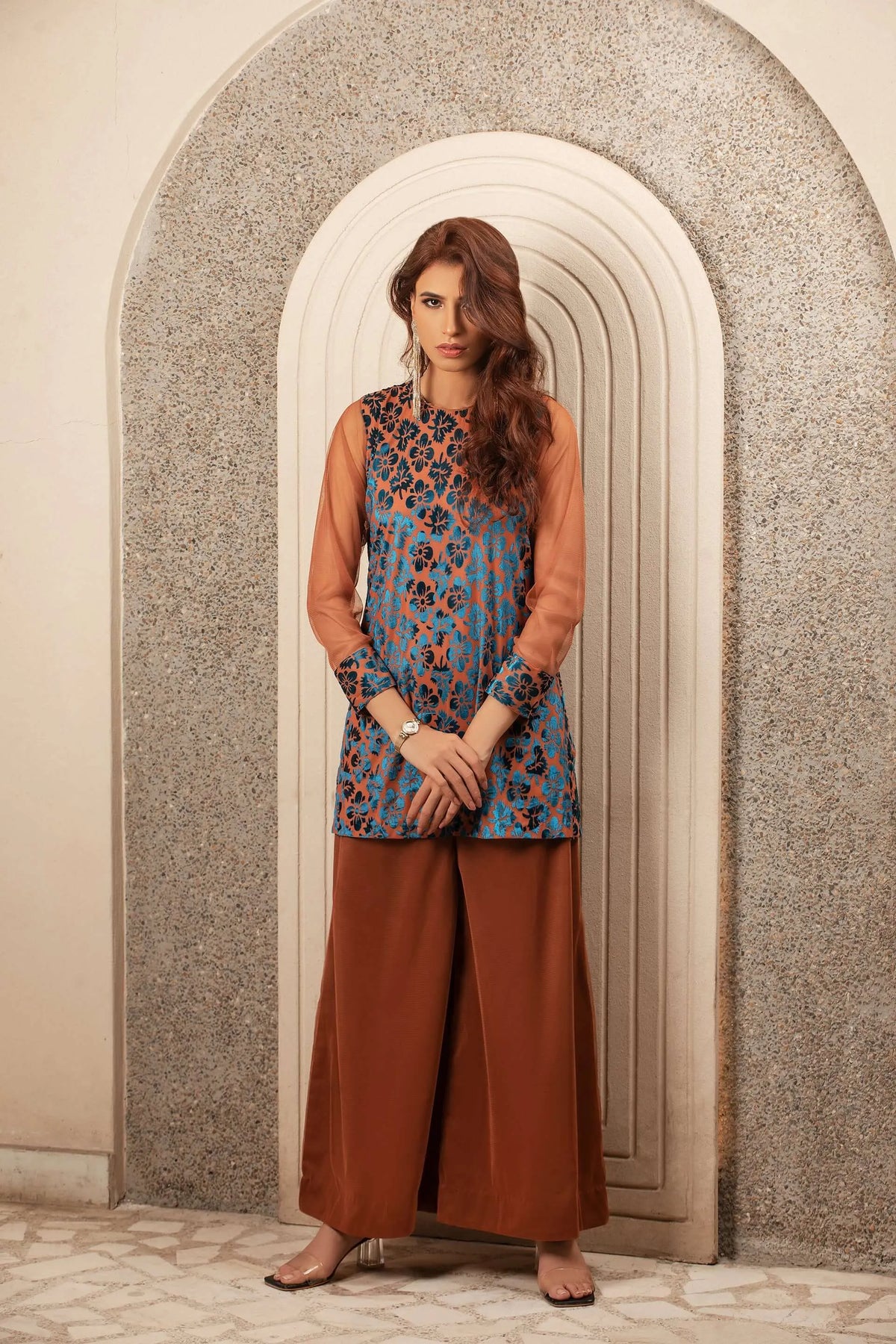 Velour long-sleeve tunic with blue floral print and rose-gold sleeves, full front view