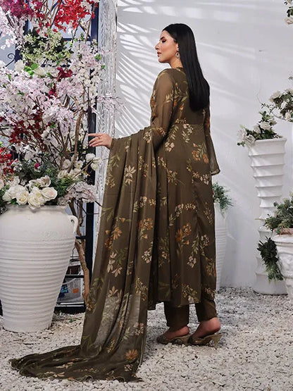 Olive floral long-sleeve dress with flared hem and V-neck, angled view