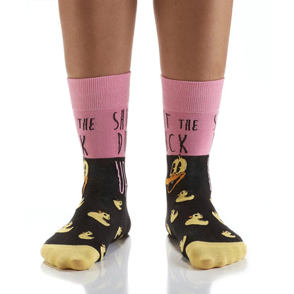 Crew socks with pink cuffs, black body, yellow duck print, and cushioned toe