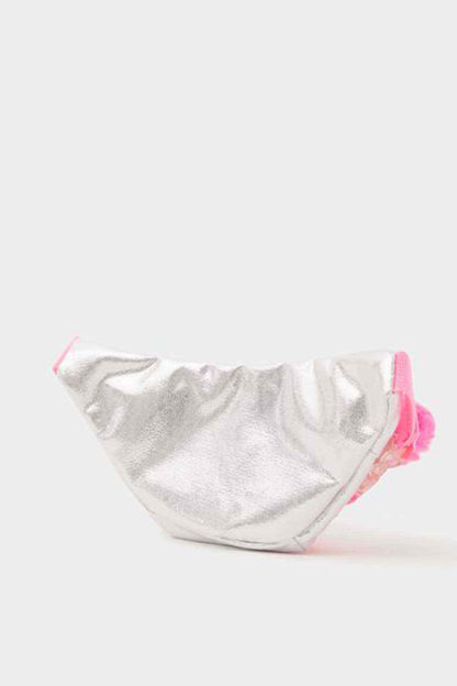 Silver metallic kids belt bag with pink trim and side pom pom
