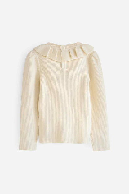 Ecru knit sweater with ruffled high neckline, long sleeves
