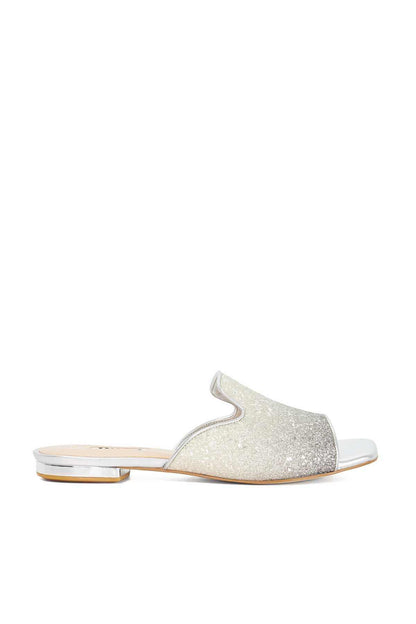 Dune London pewter glitter mule slide with V-cut upper and low heel