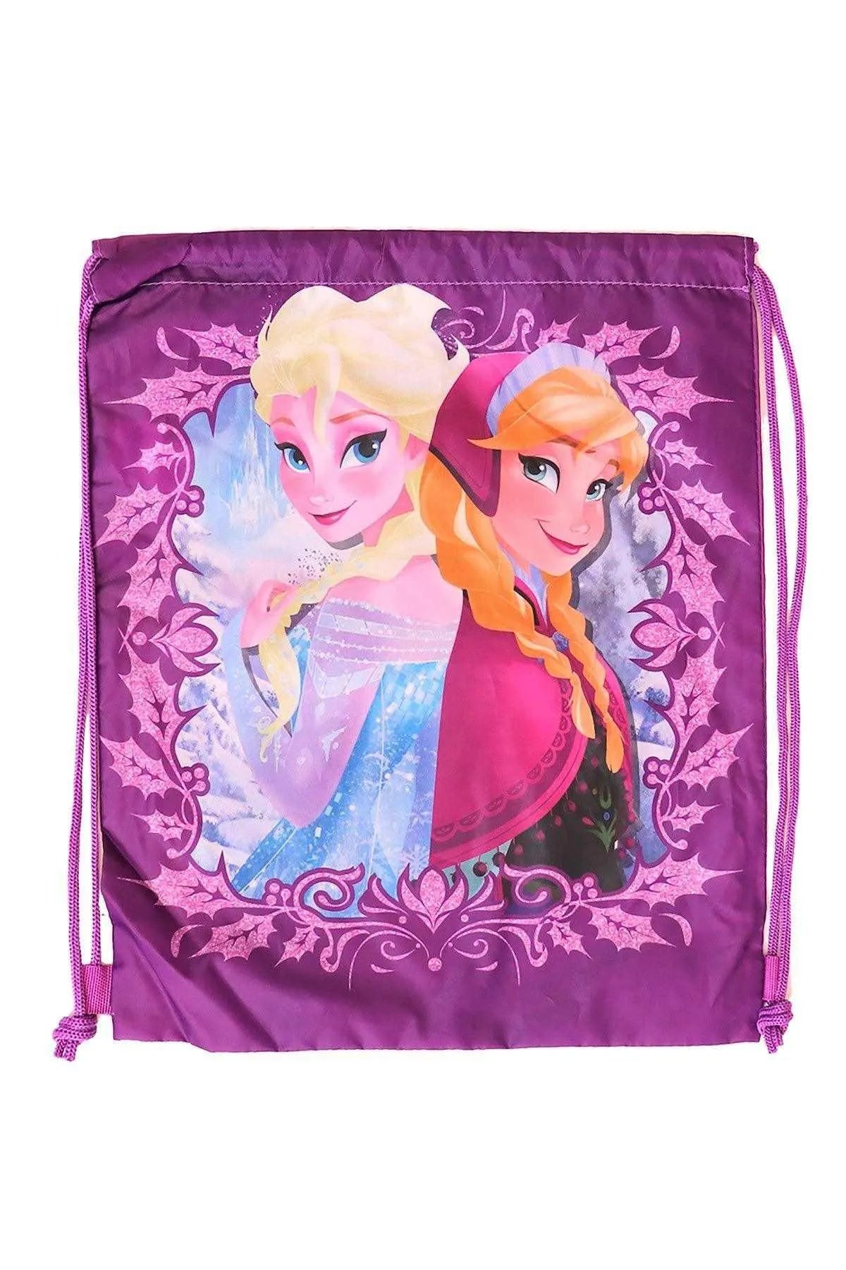 Purple Frozen character drawstring pouch with drawstrings and front graphic