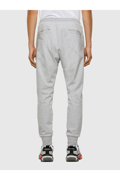 Light grey sweatpants with rear seam stitching and ribbed leg cuffs