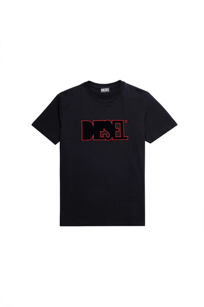 Black crewneck T-shirt with red Diesel graphic, short sleeves