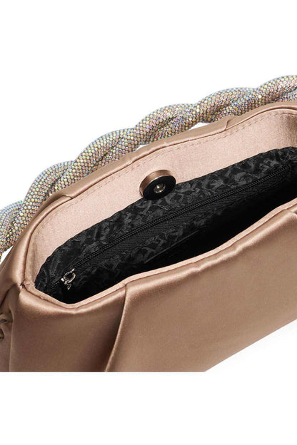 Mink mini shoulder bag interior with black zip pocket and fabric lining