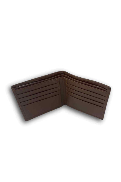 Brown leather bifold wallet interior, card slots and compartments