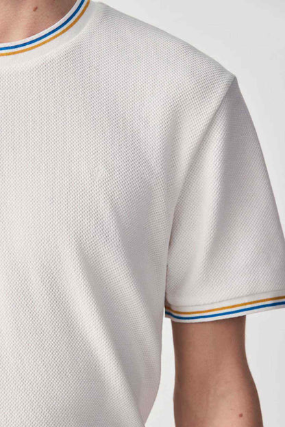 Ecru T-shirt sleeve with contrast striped cuff trim and textured knit fabric
