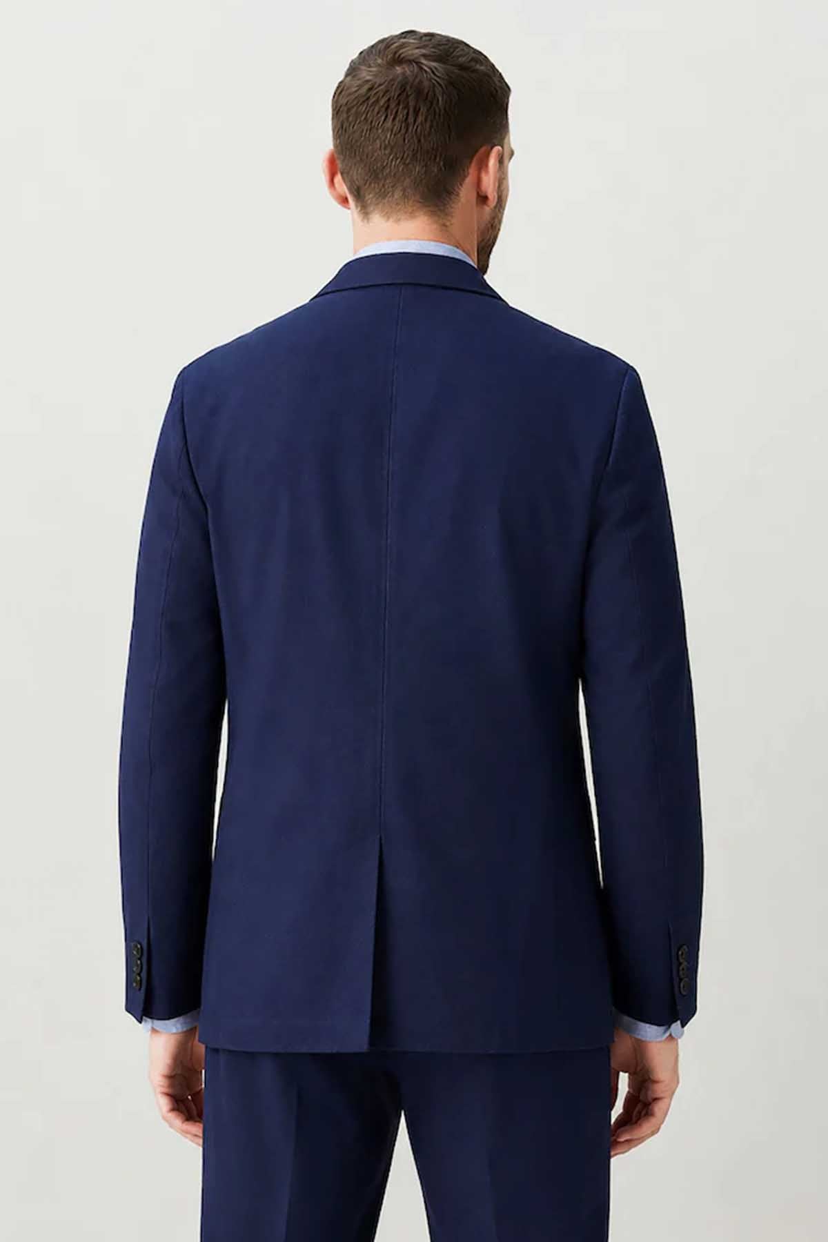 Navy men's suit jacket back view with centre seam
