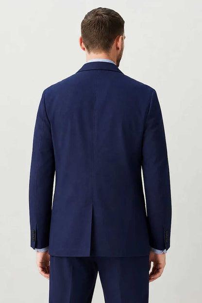 Navy men's suit jacket back view with centre seam
