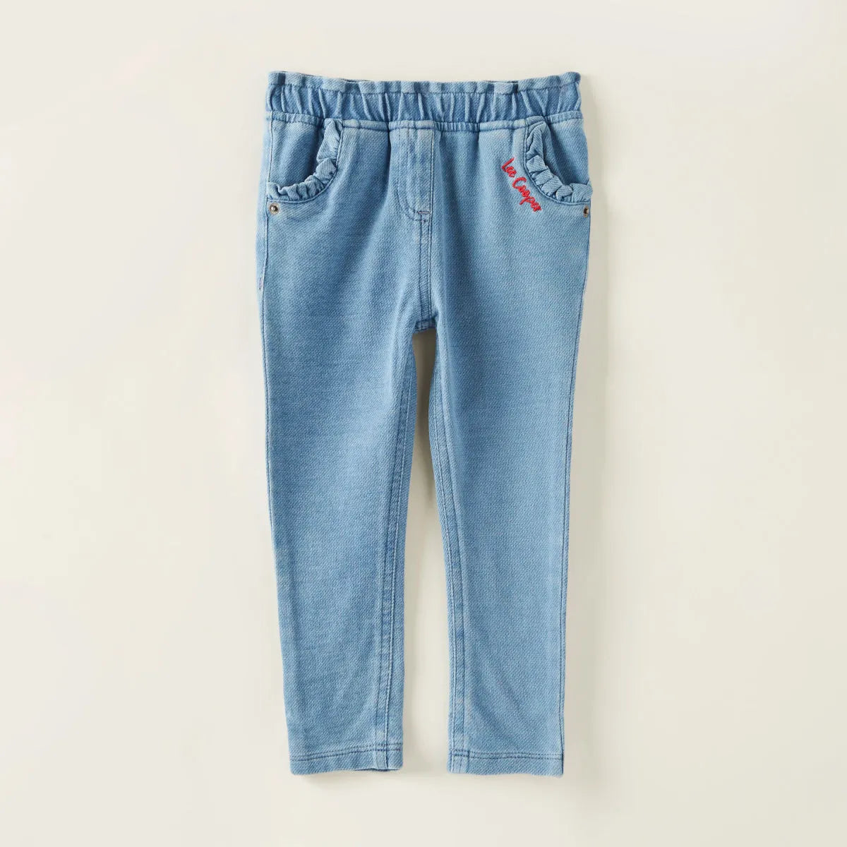 Blue baby jeans with elastic waistband and embroidered logo